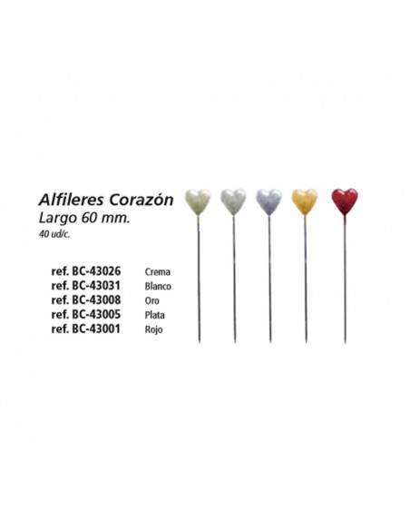 CAJA 40 ALFILERES CORAZÓN largo 60 mm. PLATA