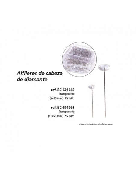CAJA 55 ALFILERES DE CABEZA DIAMANTE TRANSPARENTE 11  x  63 mm.