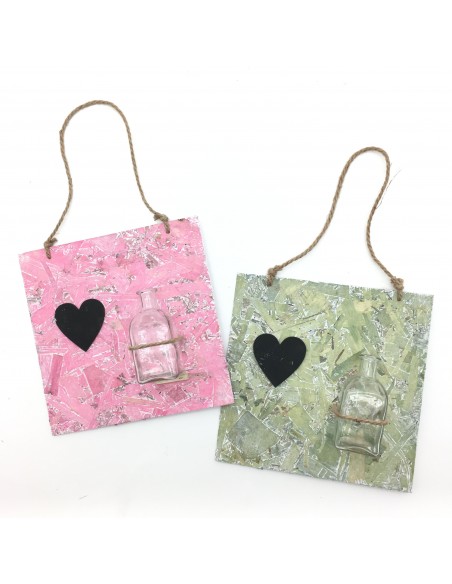 MARCO DE MADERA DE COLORES C/CORAZONY VASO DE CRISTAL 39X29