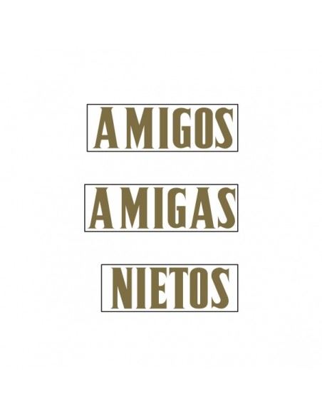 PALABRAS COMPLETAS PARA CORONAS ADHESIVAS COLOR ORO ( ALTURA LETRAS 50 mm.) SOBRES 25 TIRAS ( AMIGAS